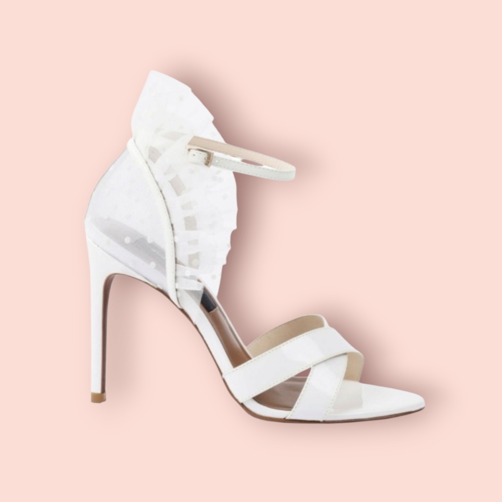 BCBGMAXAZRIA Stella White Patent Leather Ruffle Sandal Heel Size 8 - Picture 3 of 7